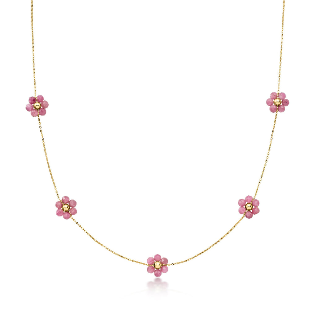 Ross-Simons Pink Tourmaline Bead Flower Station Necklace in 14kt Yellow Gold