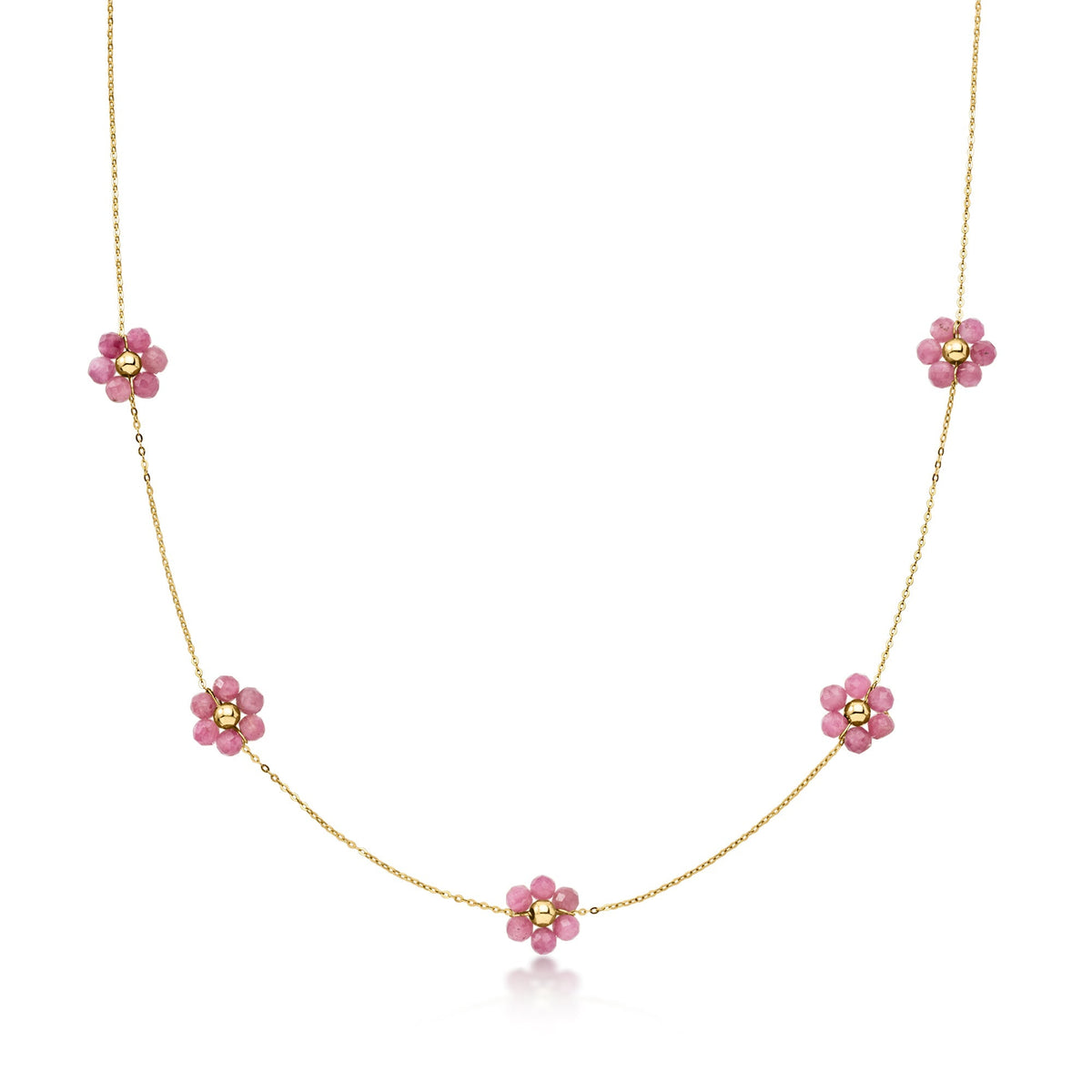 Ross-Simons Pink Tourmaline Bead Flower Station Necklace in 14kt Yellow Gold