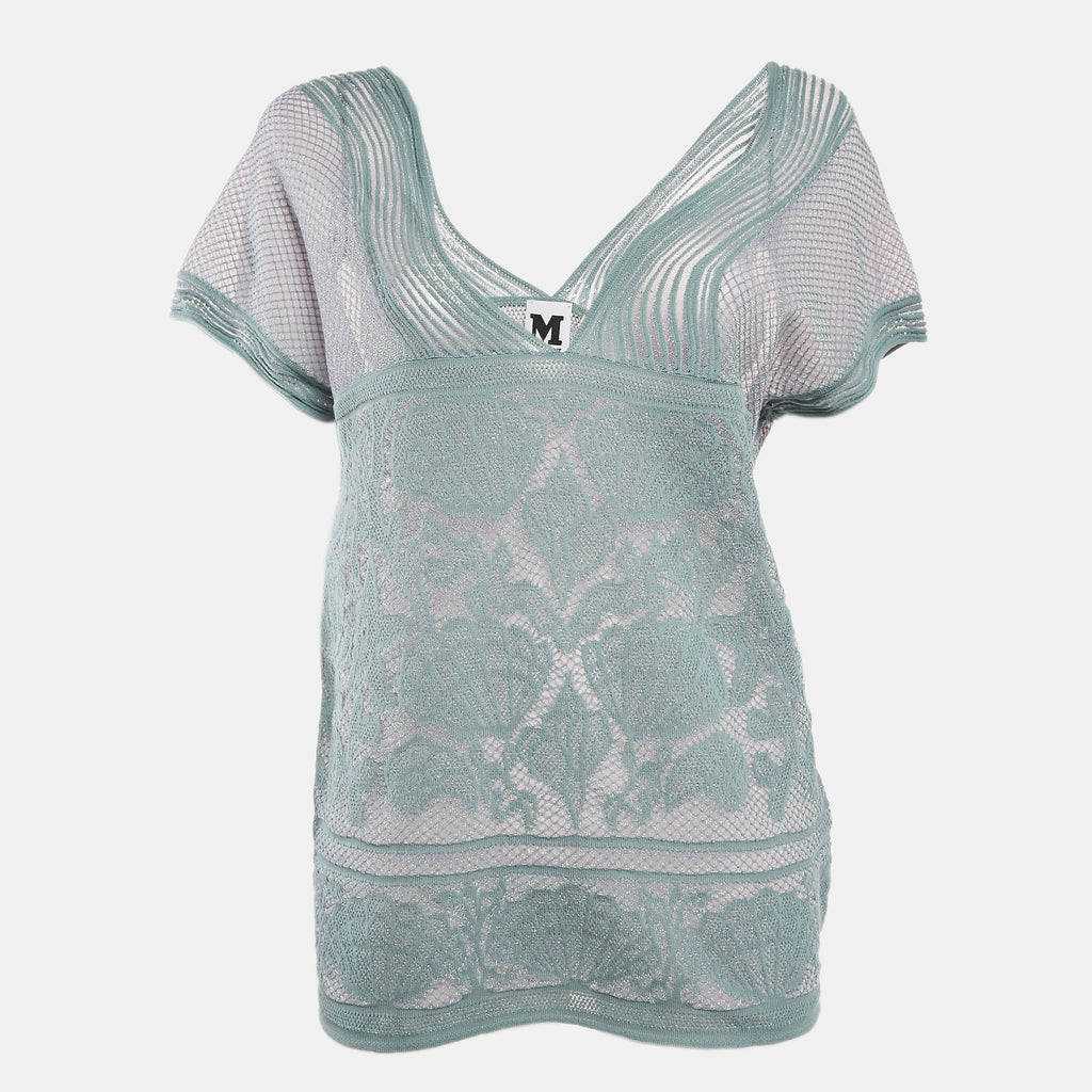 M Missoni Ice Blue Lurex Textured Knit V-Neck Top