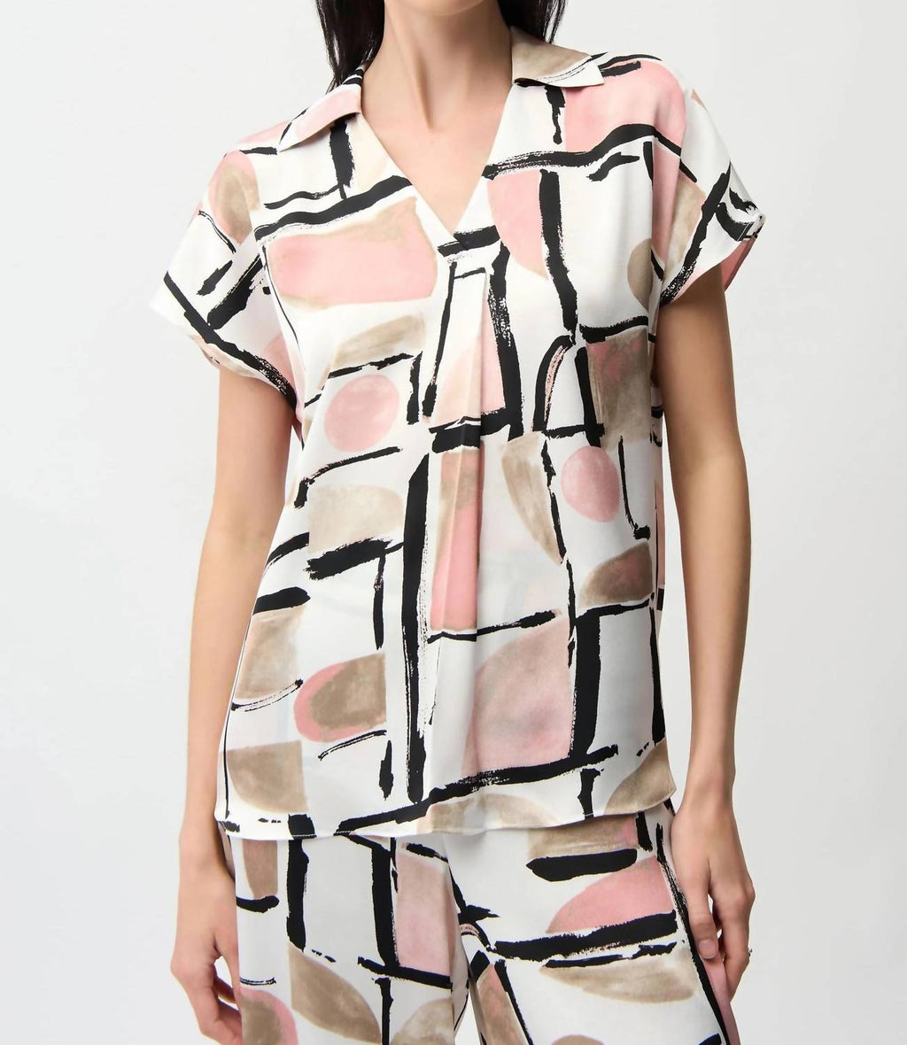 Geometric V-Neck Satin Top In Vanilla/multi