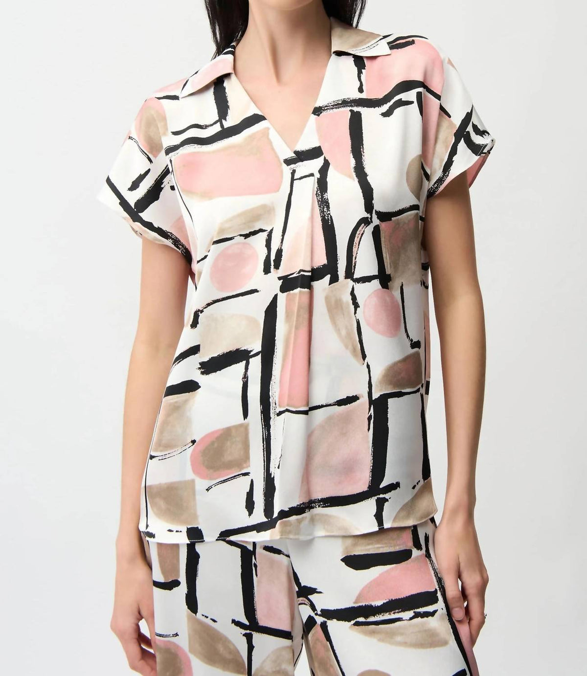 Geometric V-Neck Satin Top In Vanilla/multi