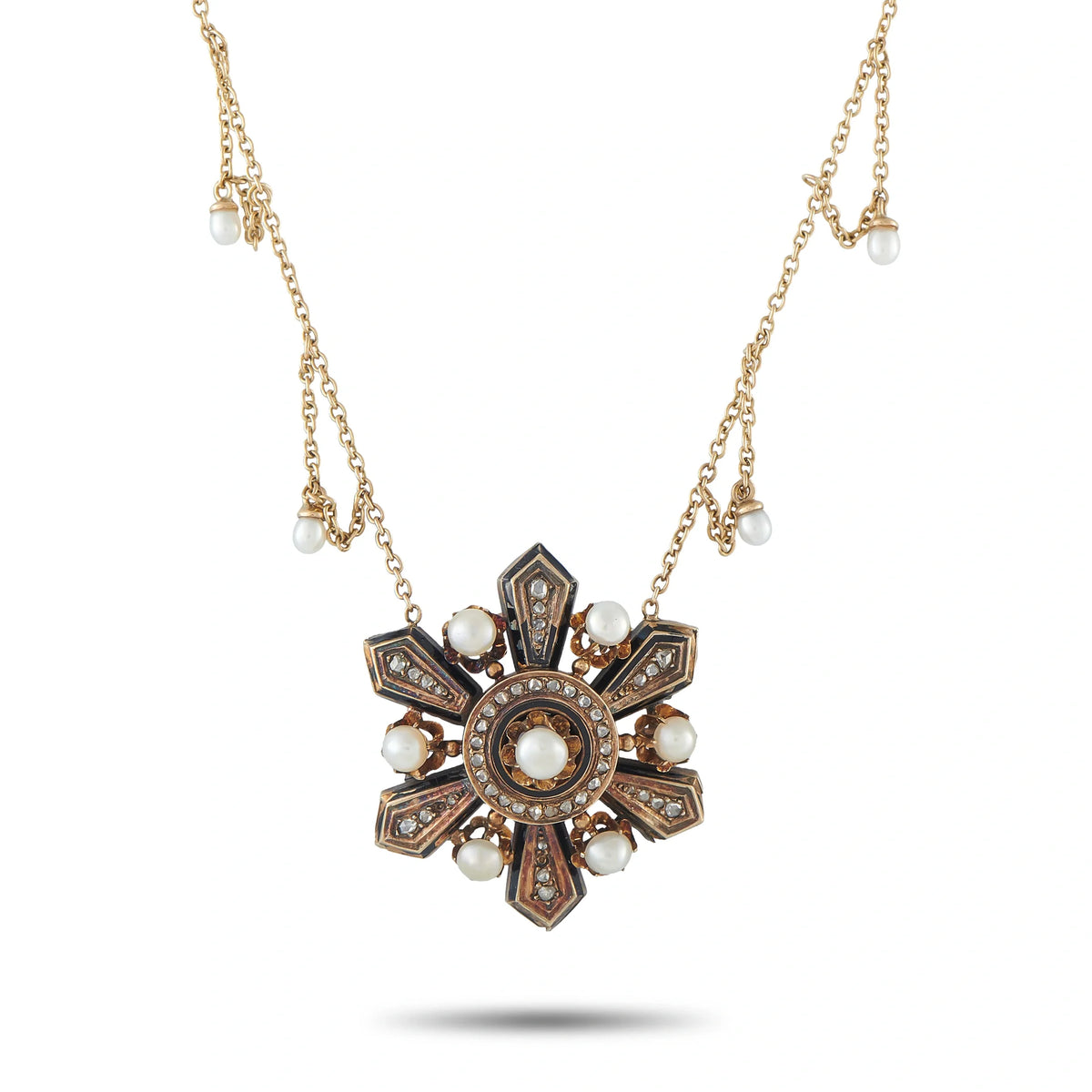 LB Exclusive Antique 14K Yellow and Rose Gold Diamond and Natural Pearl Necklace MF16-080426