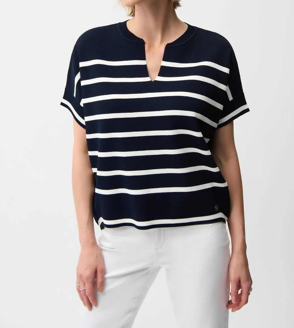 Striped Dolman Sleeve Sweater Top In Midnight Blue/vanilla