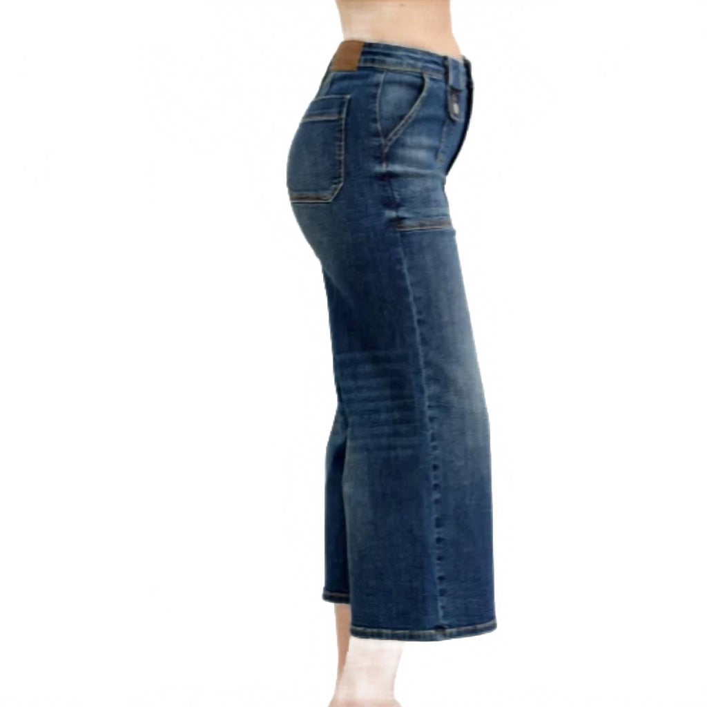 High Waist Crop Utility Denim Jeans In Darker Mid-Tone Blue