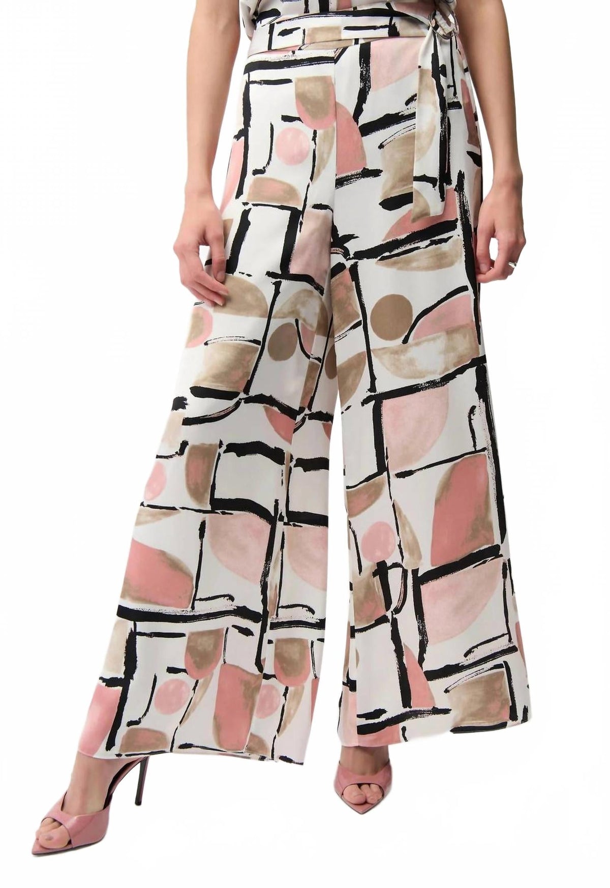 Geometric Satin Wide Leg Pants In Vanilla/multi