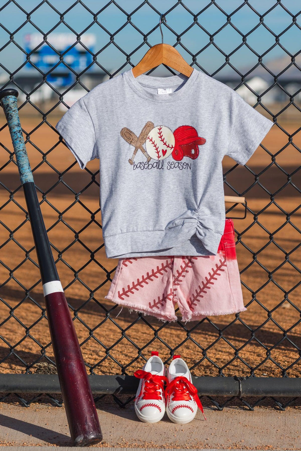 "Baseball Season" Gray & Red Ombre Denim Short Set