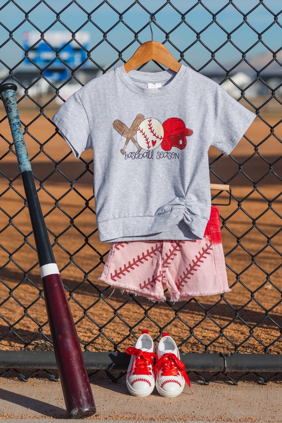 "Baseball Season" Gray & Red Ombre Denim Short Set