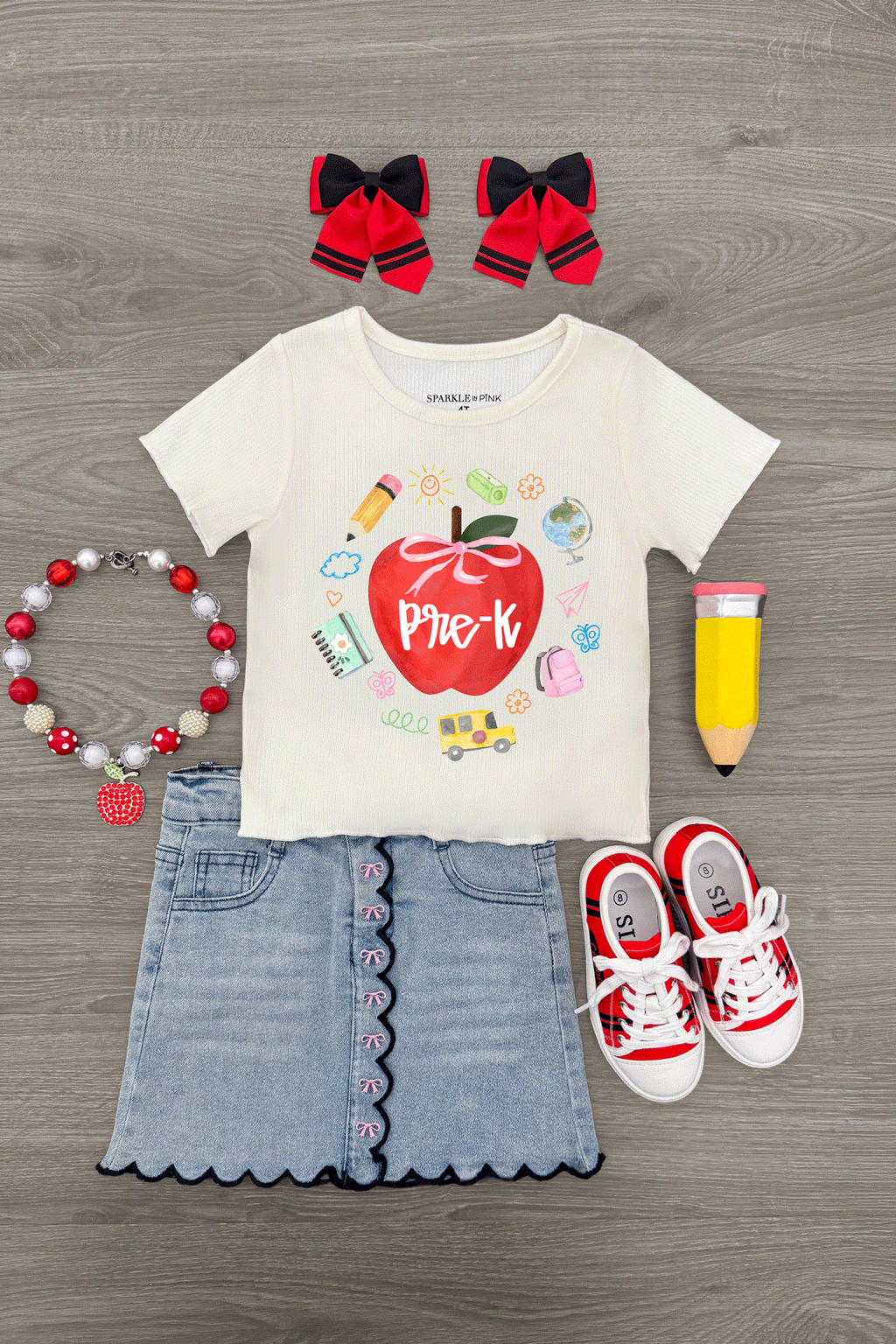 "Pre-K - Fifth Grade" Apple Denim Skirt Set