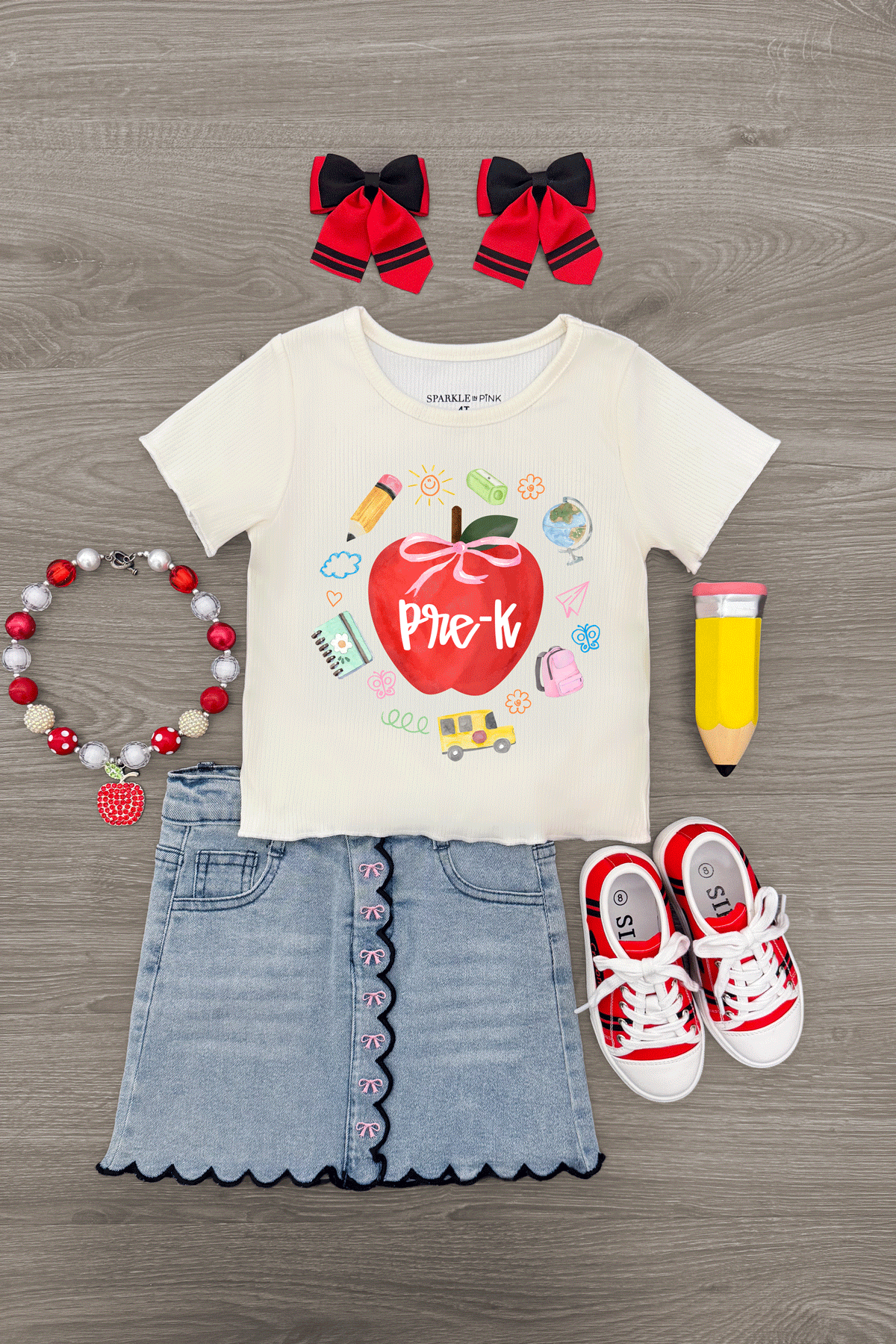 "Pre-K - Fifth Grade" Apple Denim Skirt Set