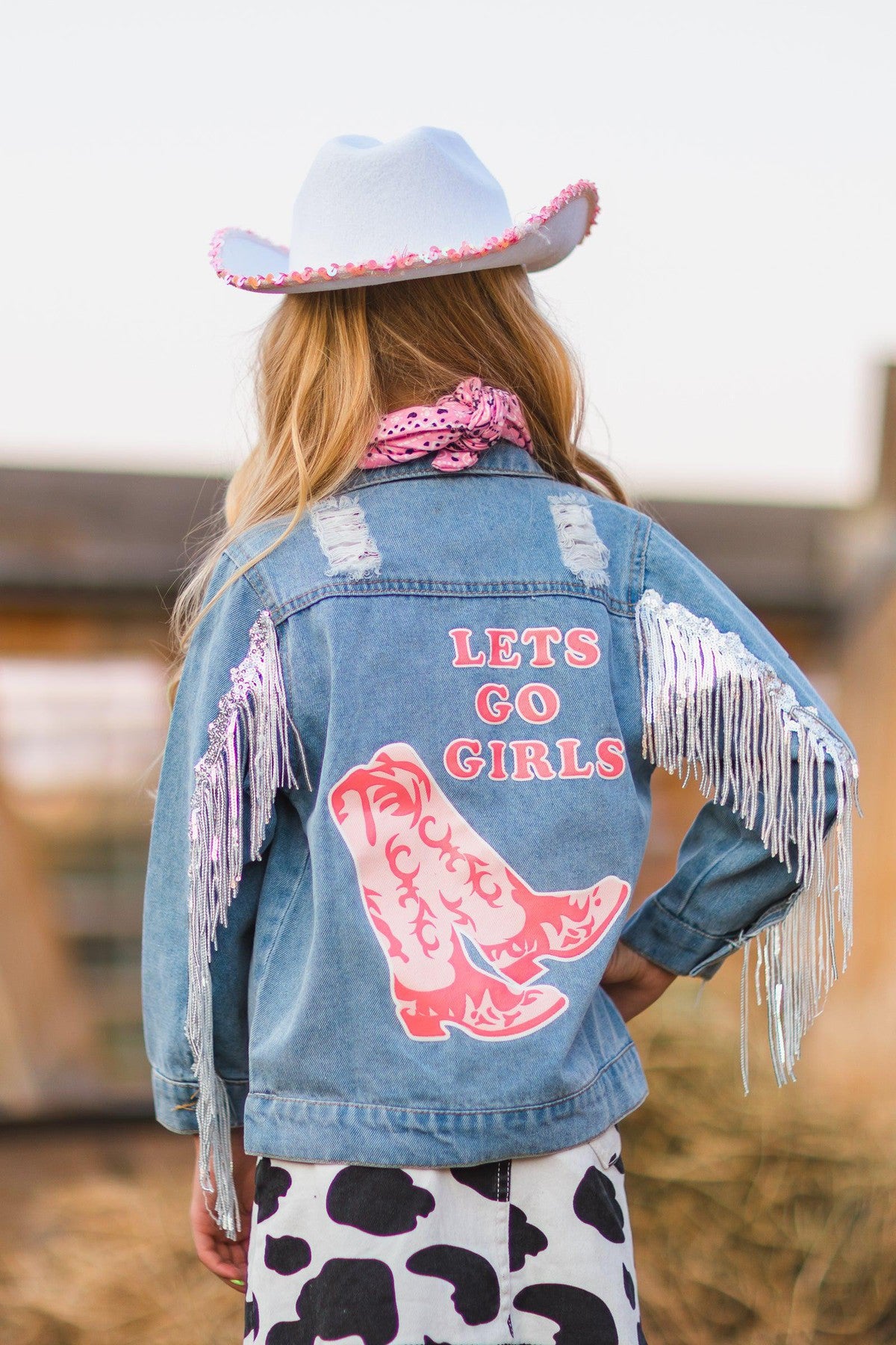 Let's Go Girls" Silver Fringe Denim Jacket