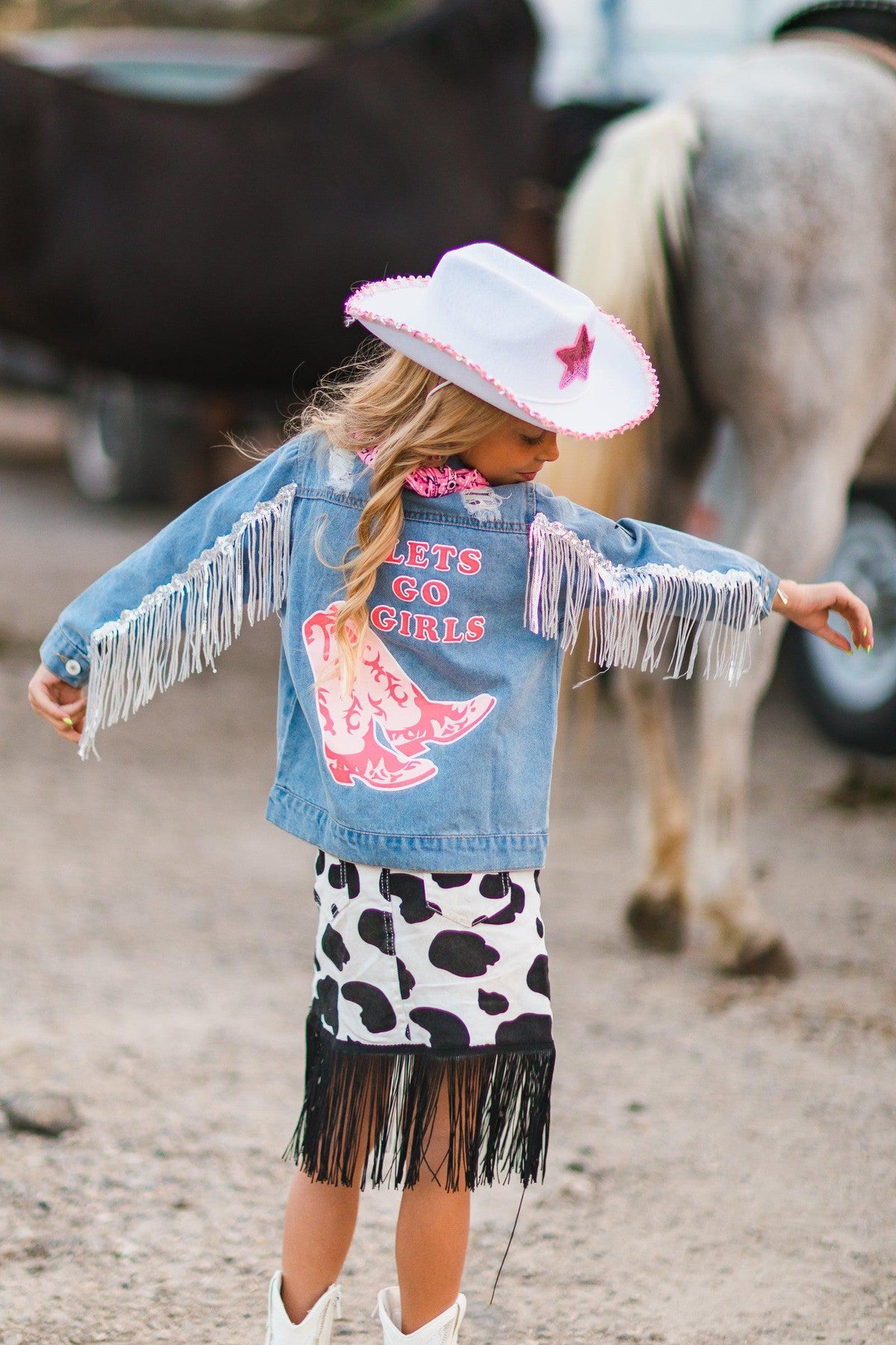 Let's Go Girls" Silver Fringe Denim Jacket