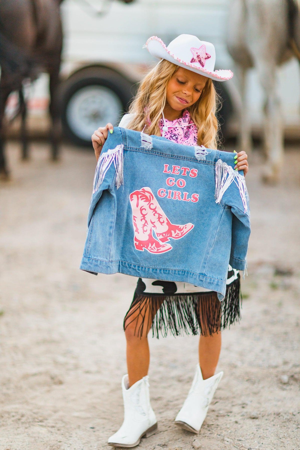Let's Go Girls" Silver Fringe Denim Jacket