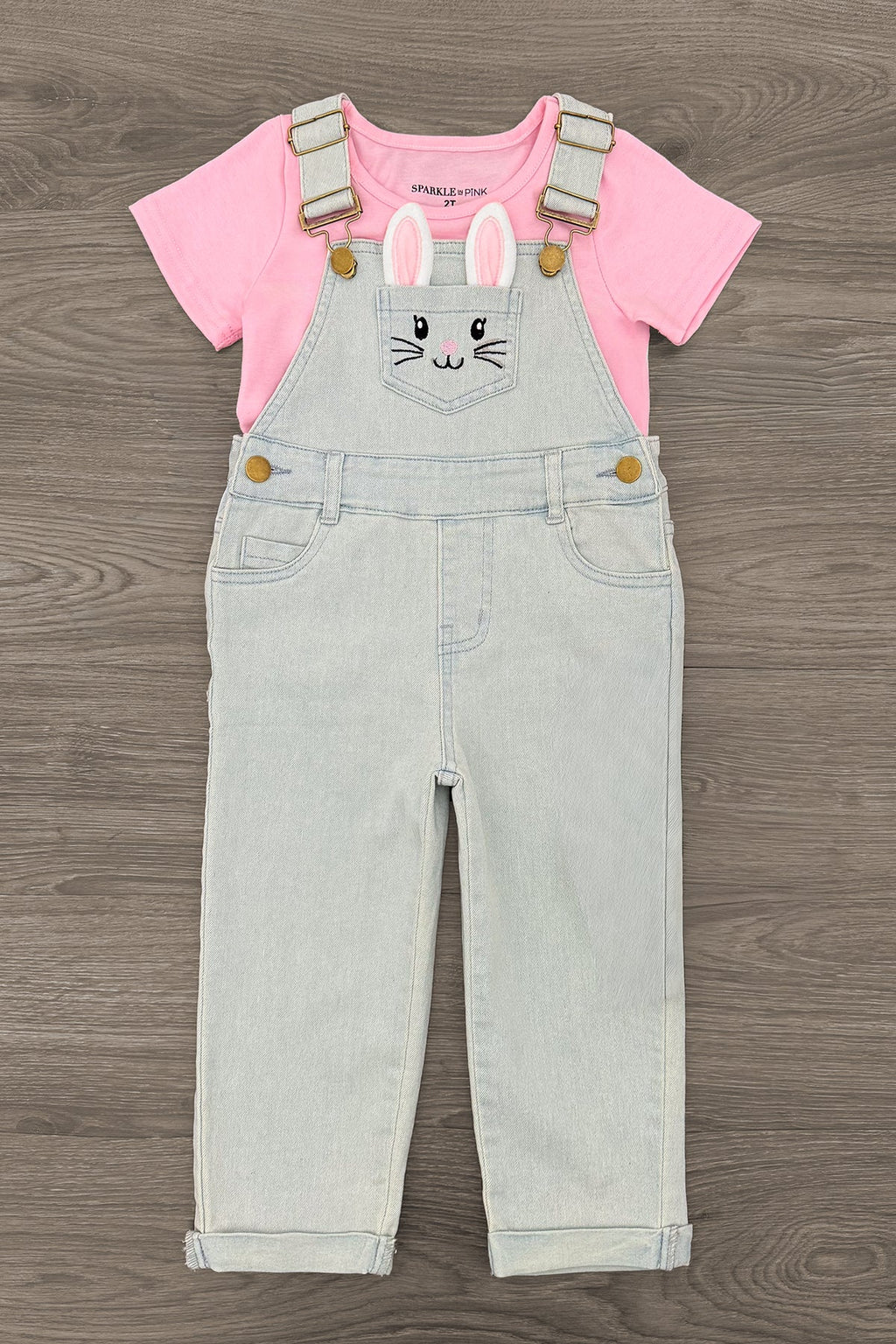 Pink Denim Bunny Overall Set