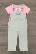 Pink Denim Bunny Overall Set