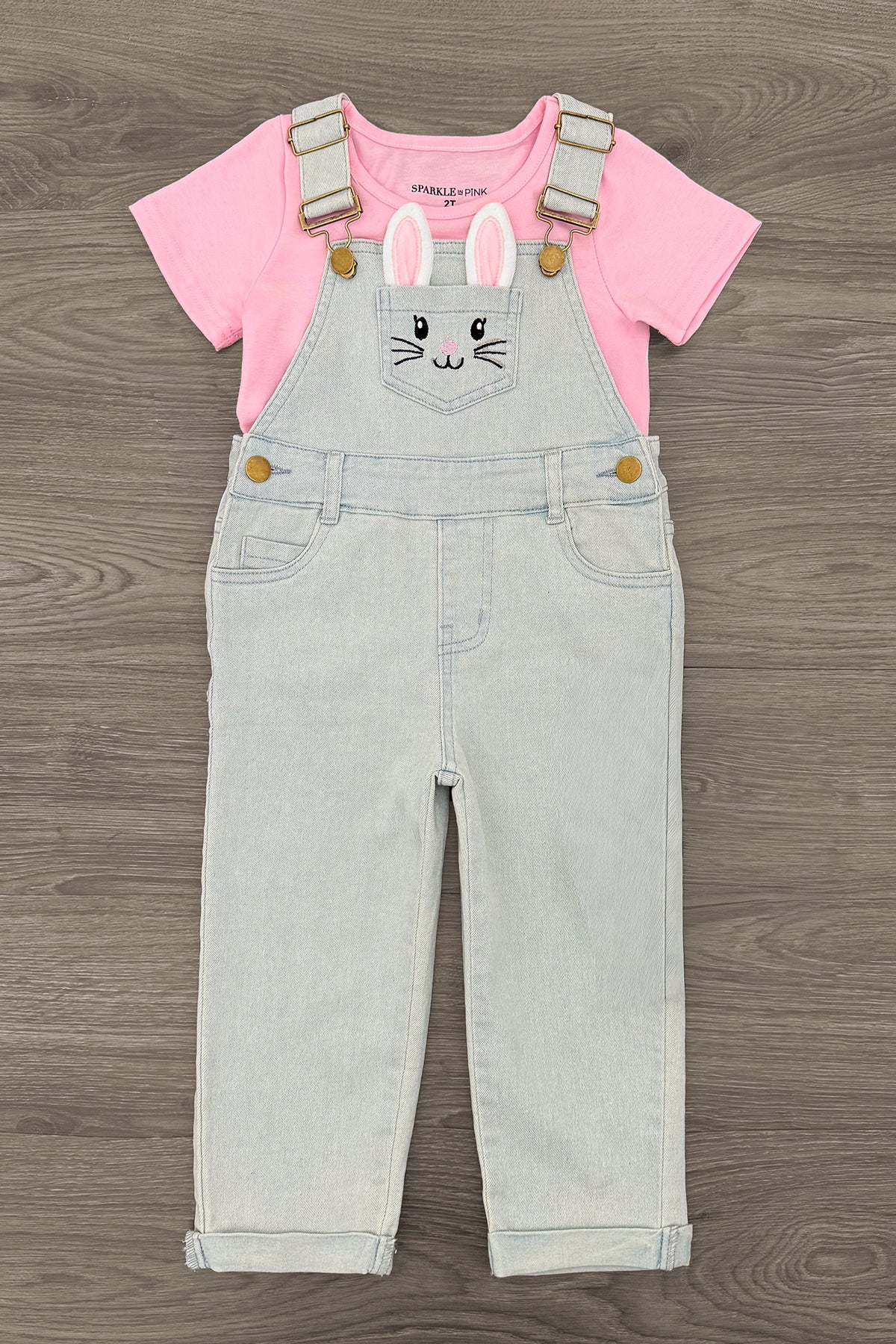 Pink Denim Bunny Overall Set