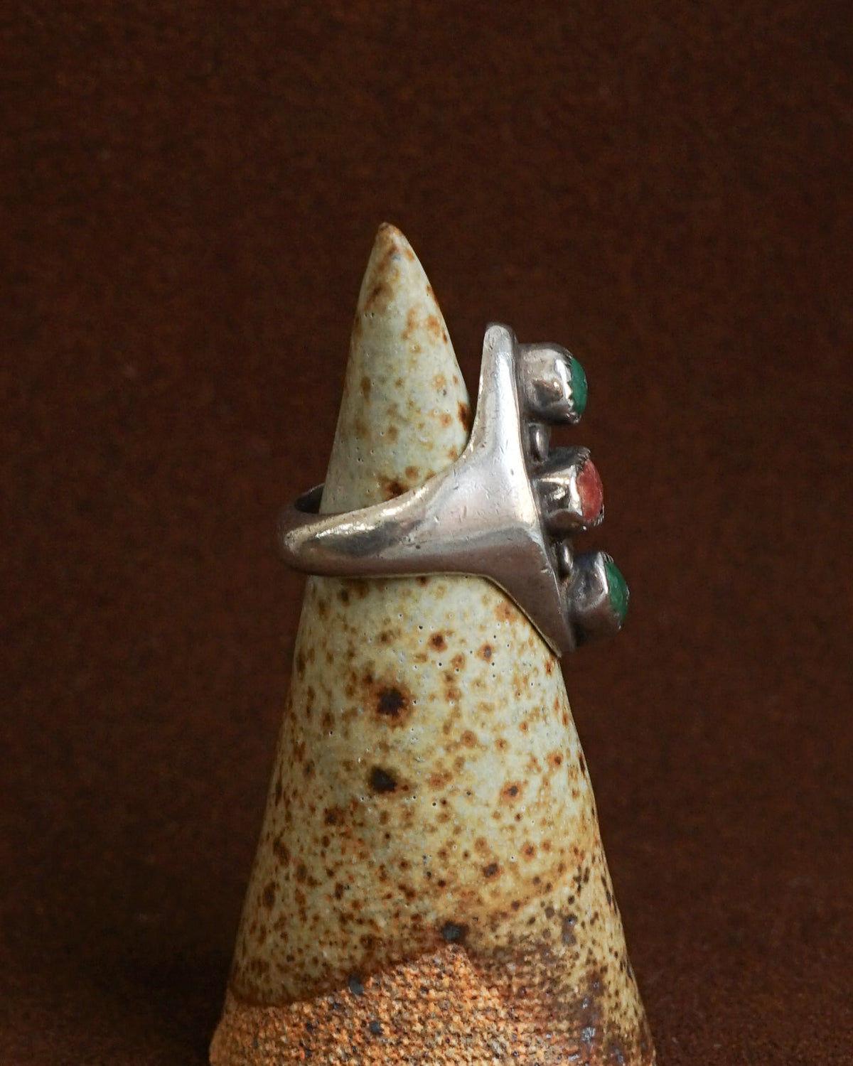 Native American Silver Ring w/ Jade & Coral / Size: 8