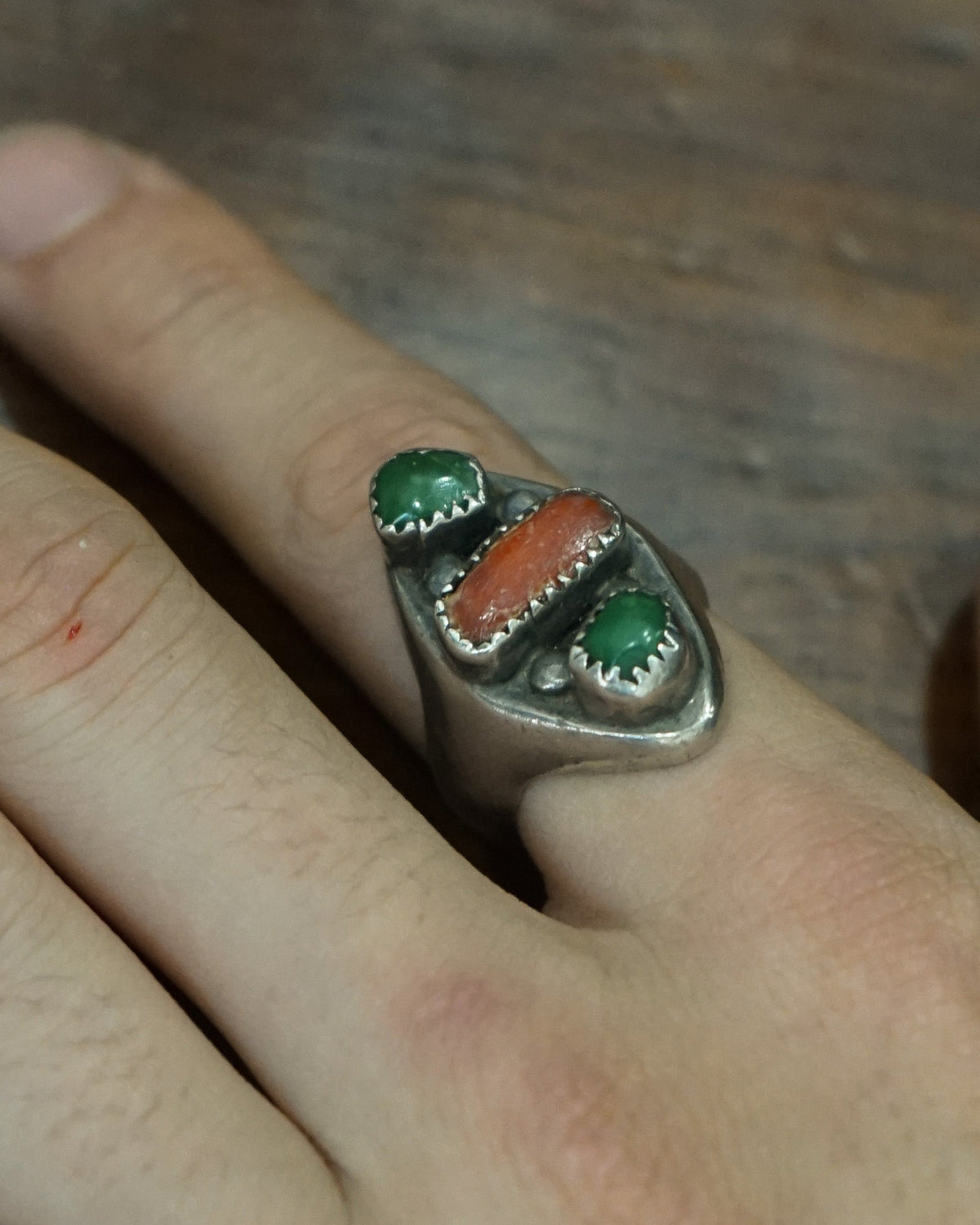 Native American Silver Ring w/ Jade & Coral / Size: 8