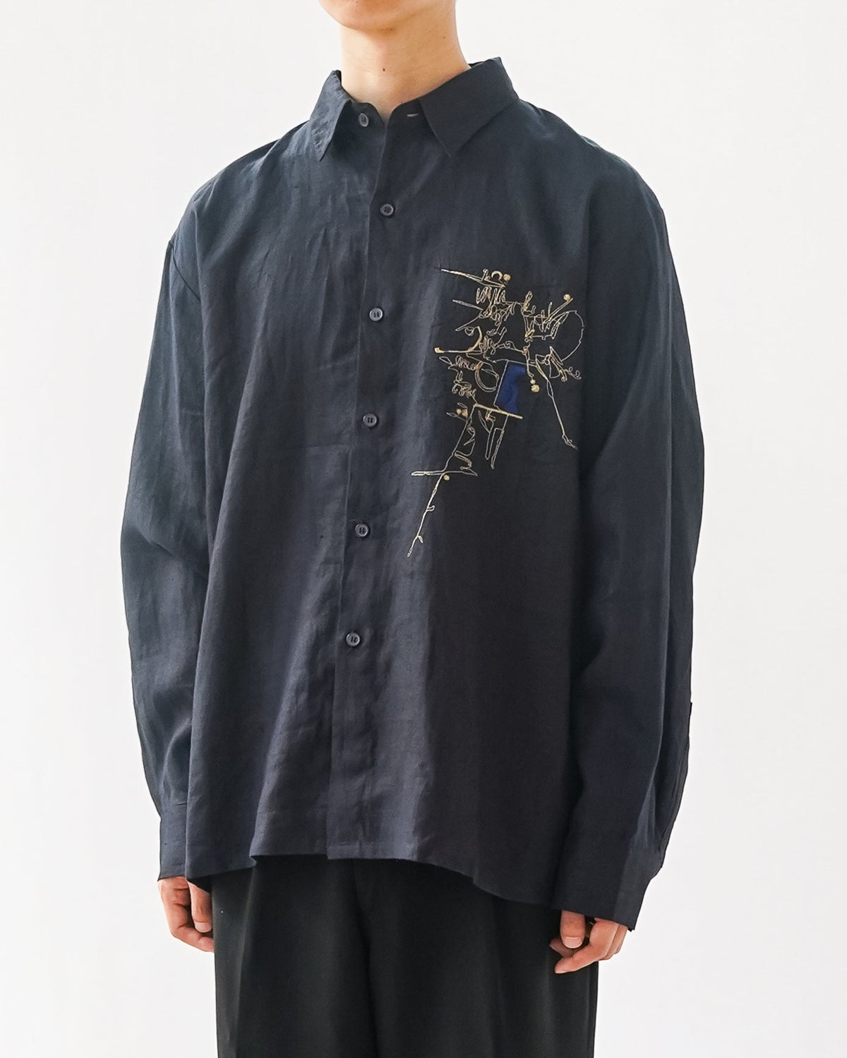 Linen Embroidered L/S Shirts / Navy