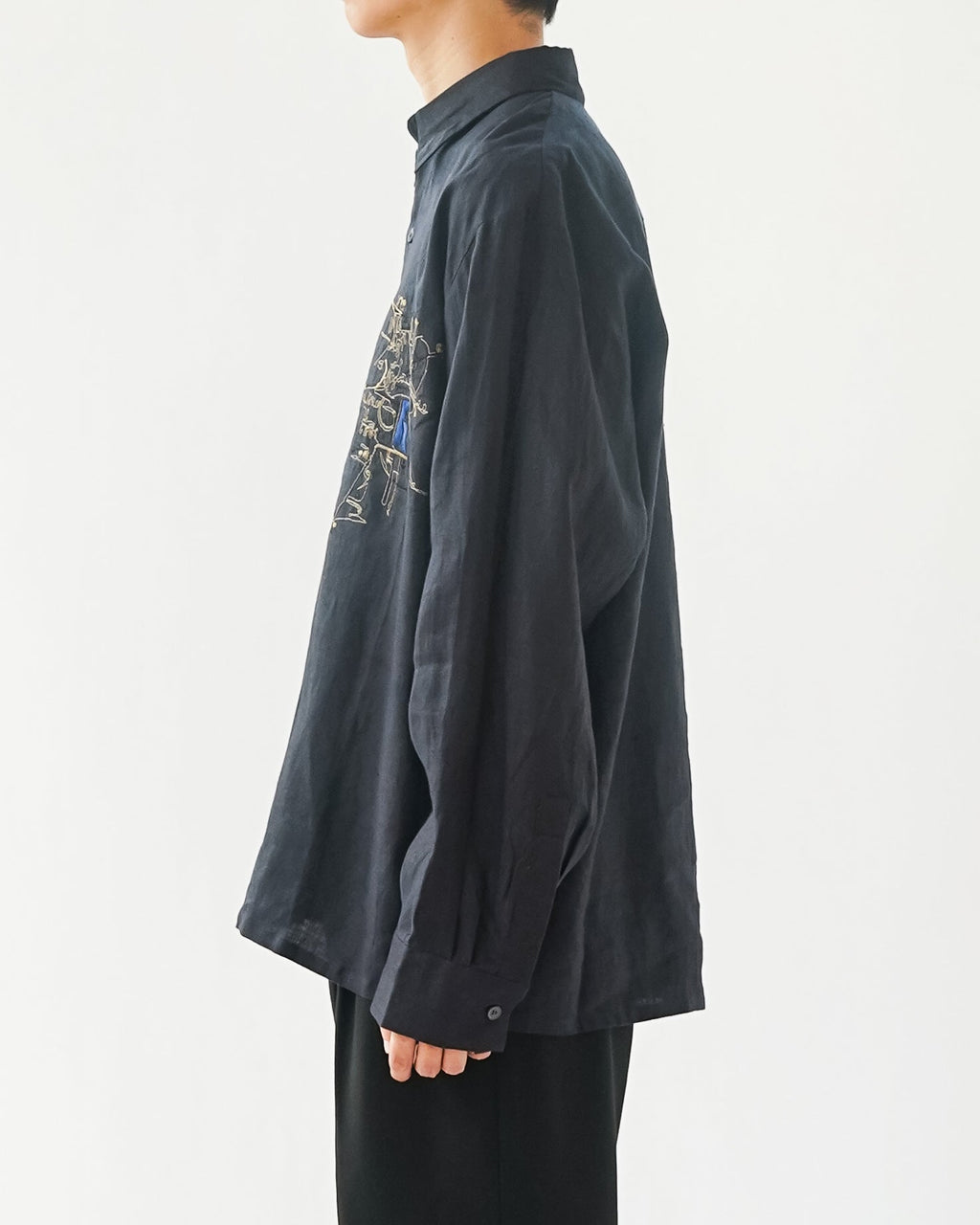 Linen Embroidered L/S Shirts / Navy