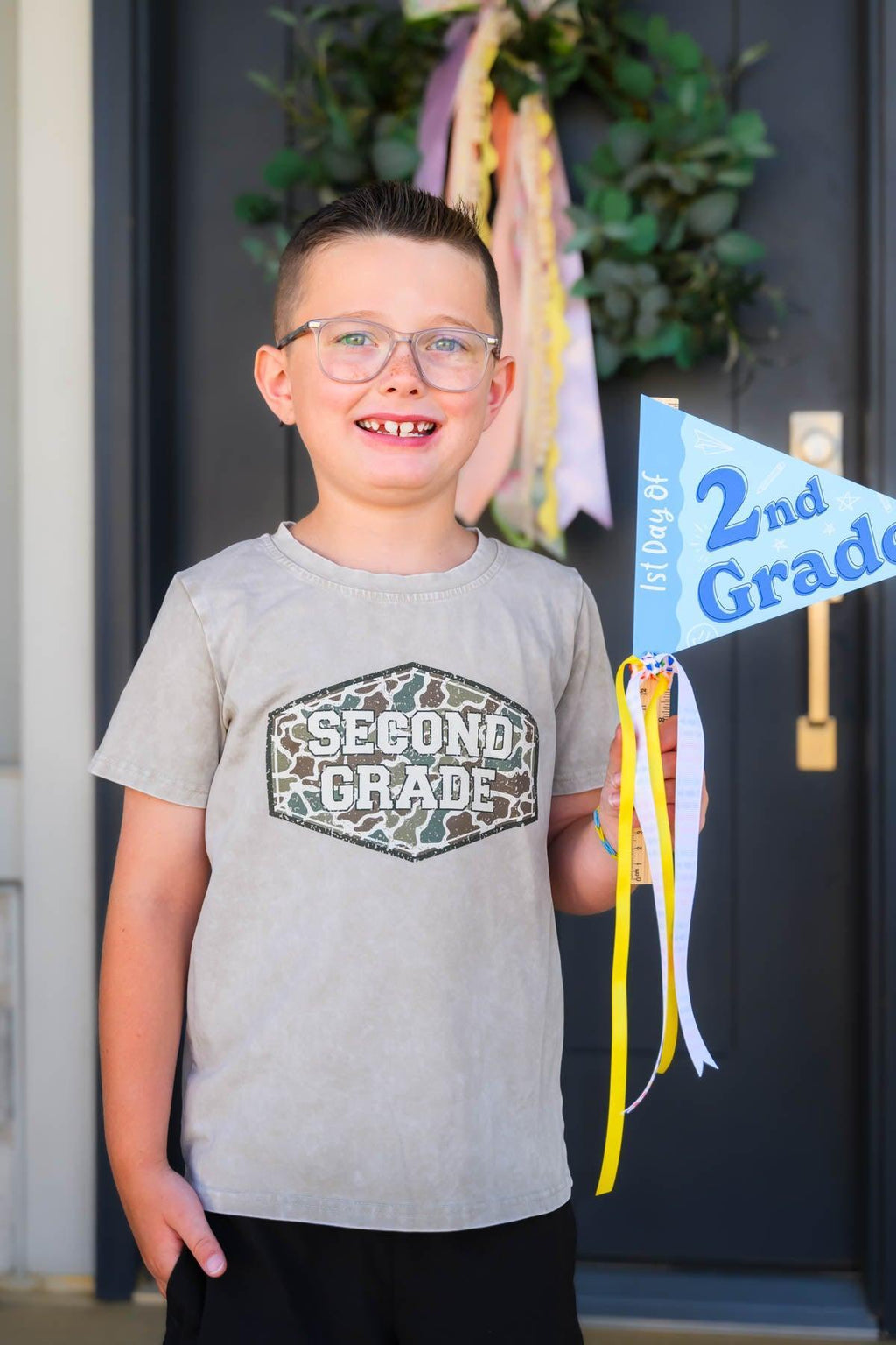 "Pre-K - Sixth Grade" Gray Camo Top
