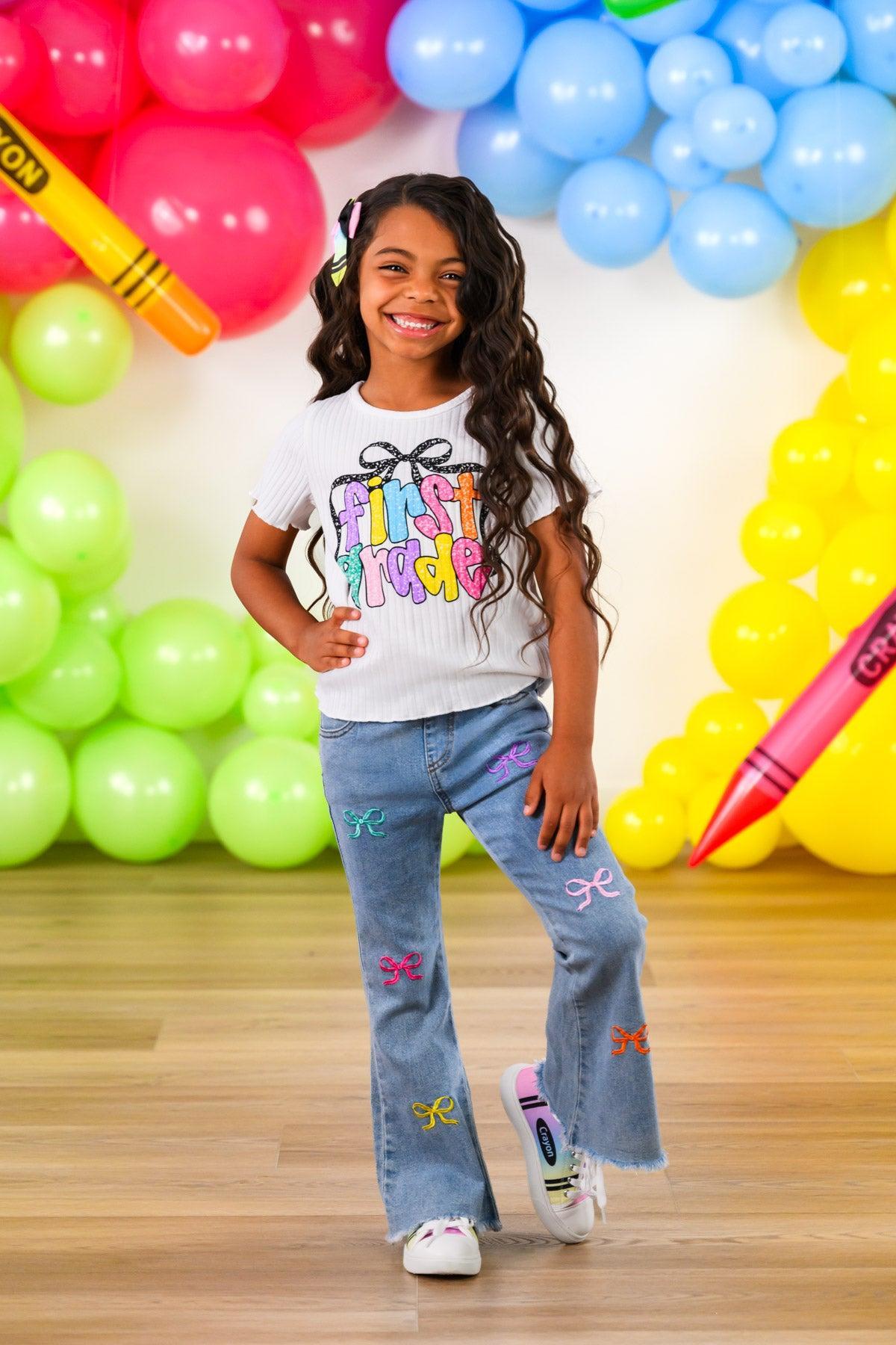 "Pre-K - Sixth Grade" Bow Denim Pant Set