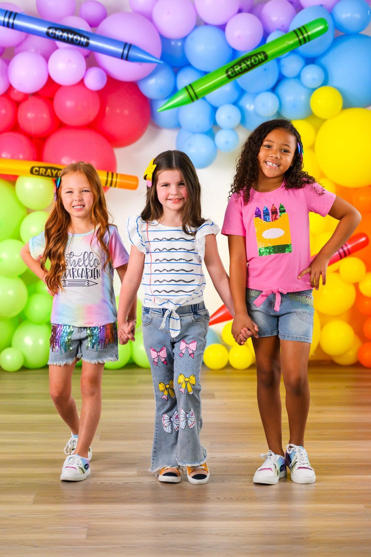 "Hello Pre-K - 6th Grade" Rainbow Denim Short Set