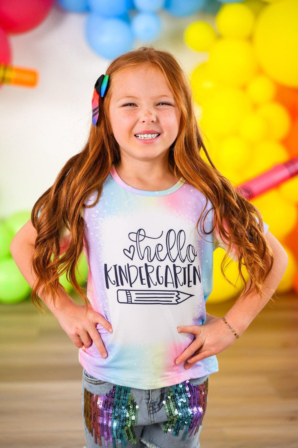 "Hello Pre-K - 6th Grade" Rainbow Denim Short Set