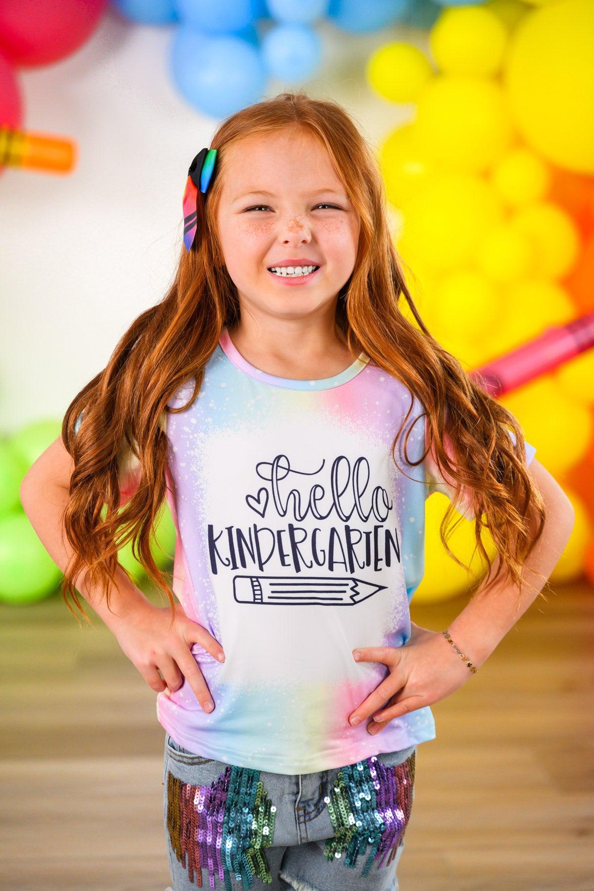 "Hello Pre-K - 6th Grade" Rainbow Denim Short Set