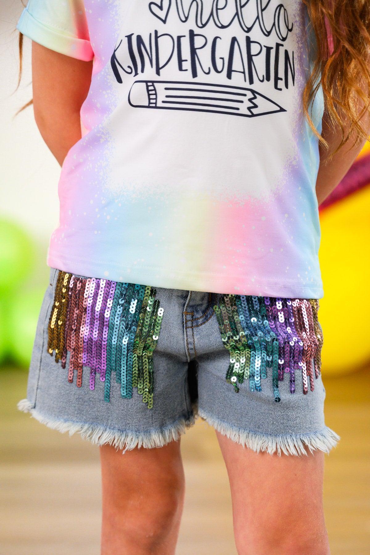 "Hello Pre-K - 6th Grade" Rainbow Denim Short Set