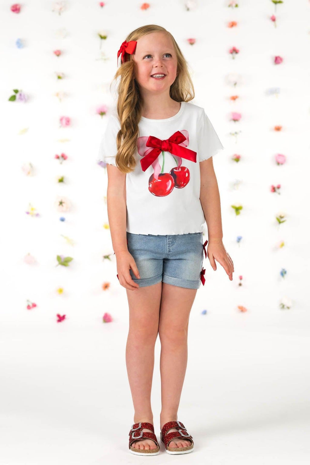 Cherry Bow Denim Short Set