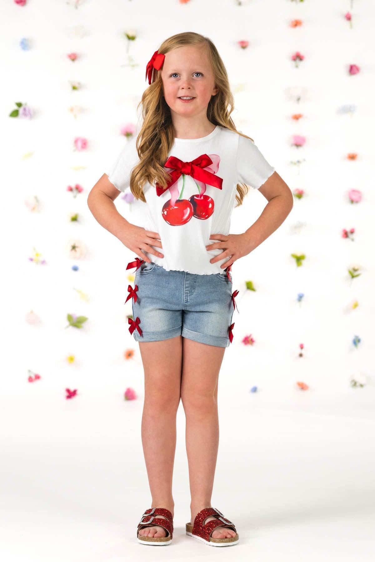 Cherry Bow Denim Short Set
