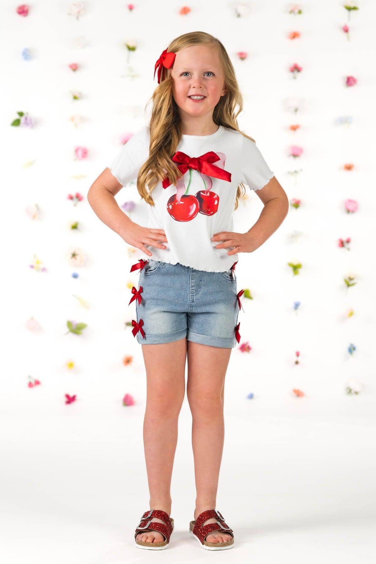 Cherry Bow Denim Short Set