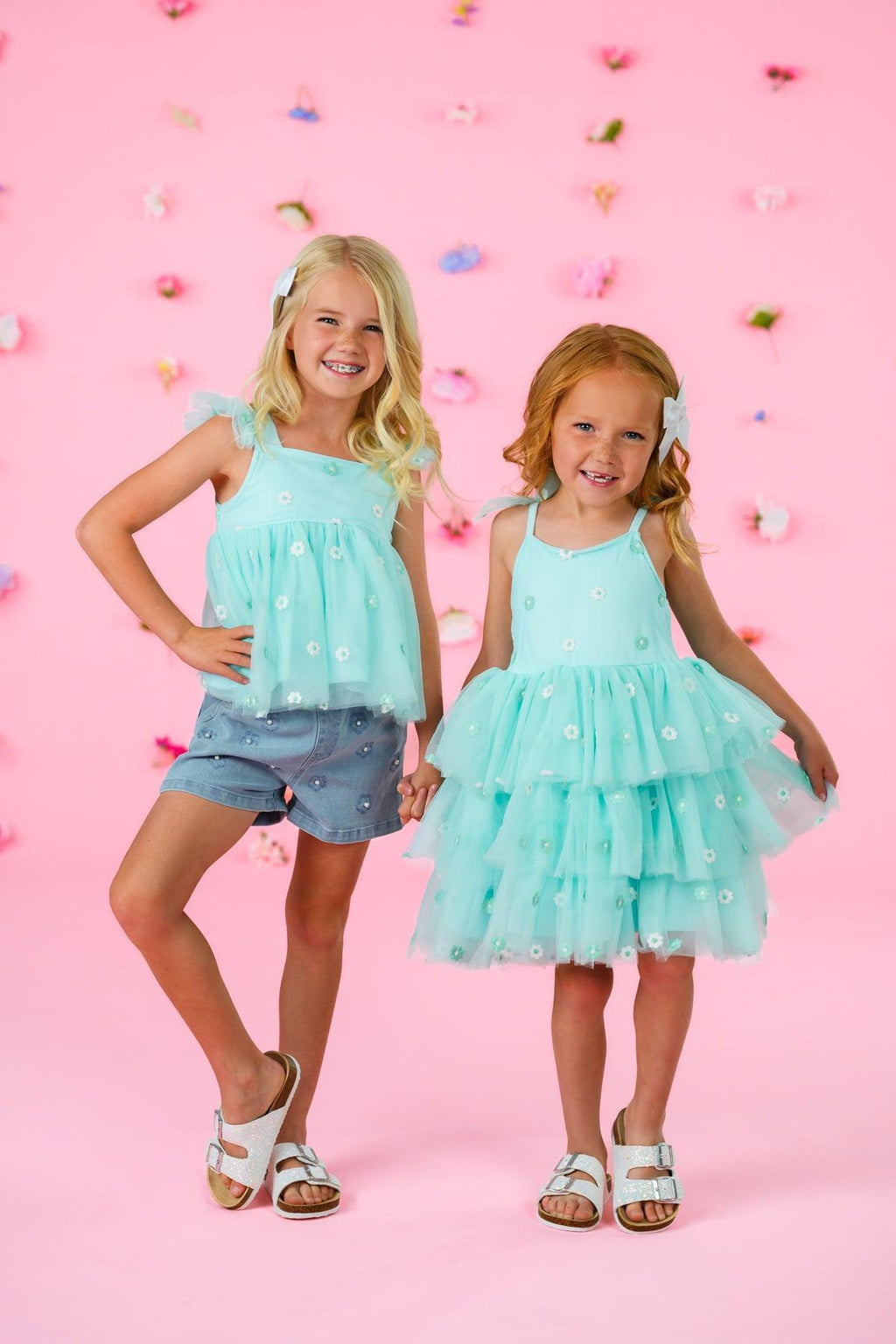 Mint Flower Denim Short Set