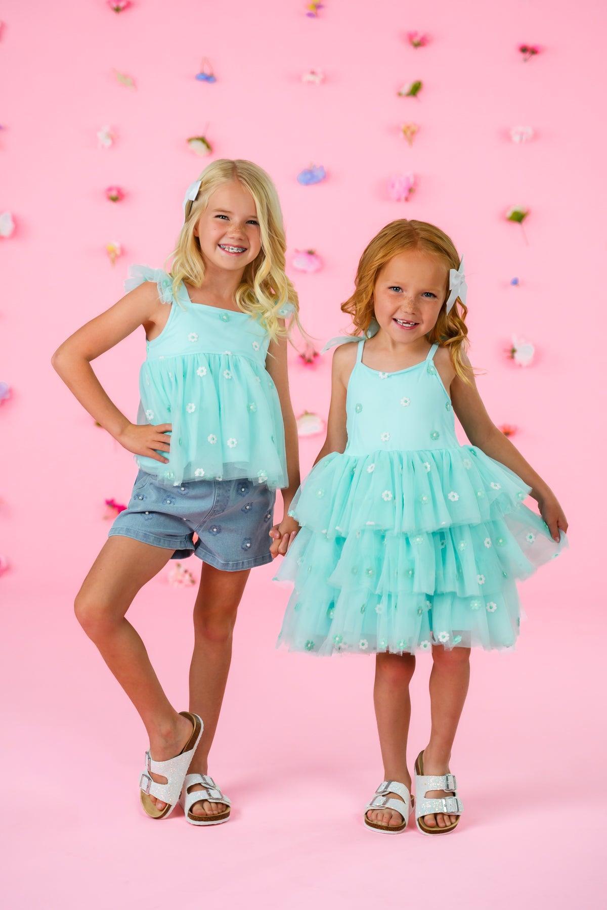 Mint Flower Denim Short Set