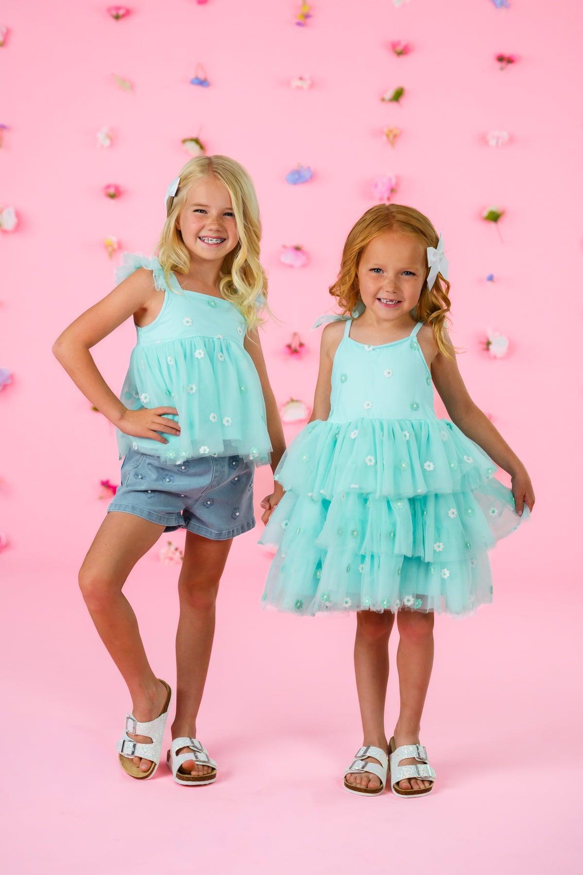 Mint Flower Denim Short Set