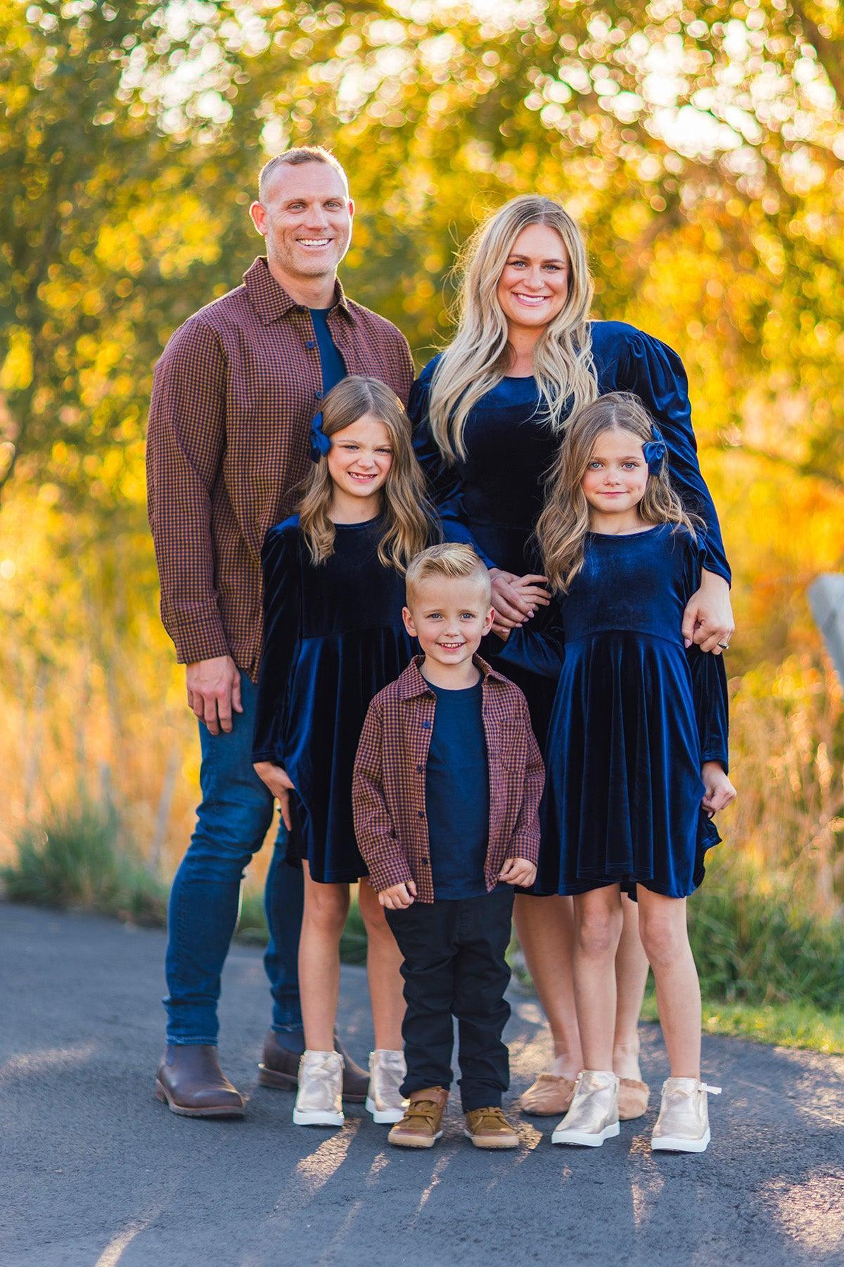 Family Navy Velvet Dress & Brown Gingham Button Down