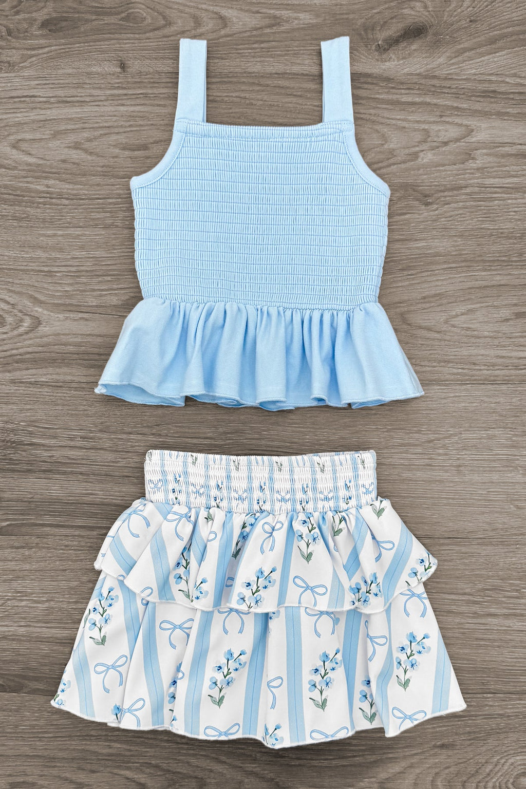 Blue Floral Bows Skirt Set