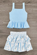 Blue Floral Bows Skirt Set