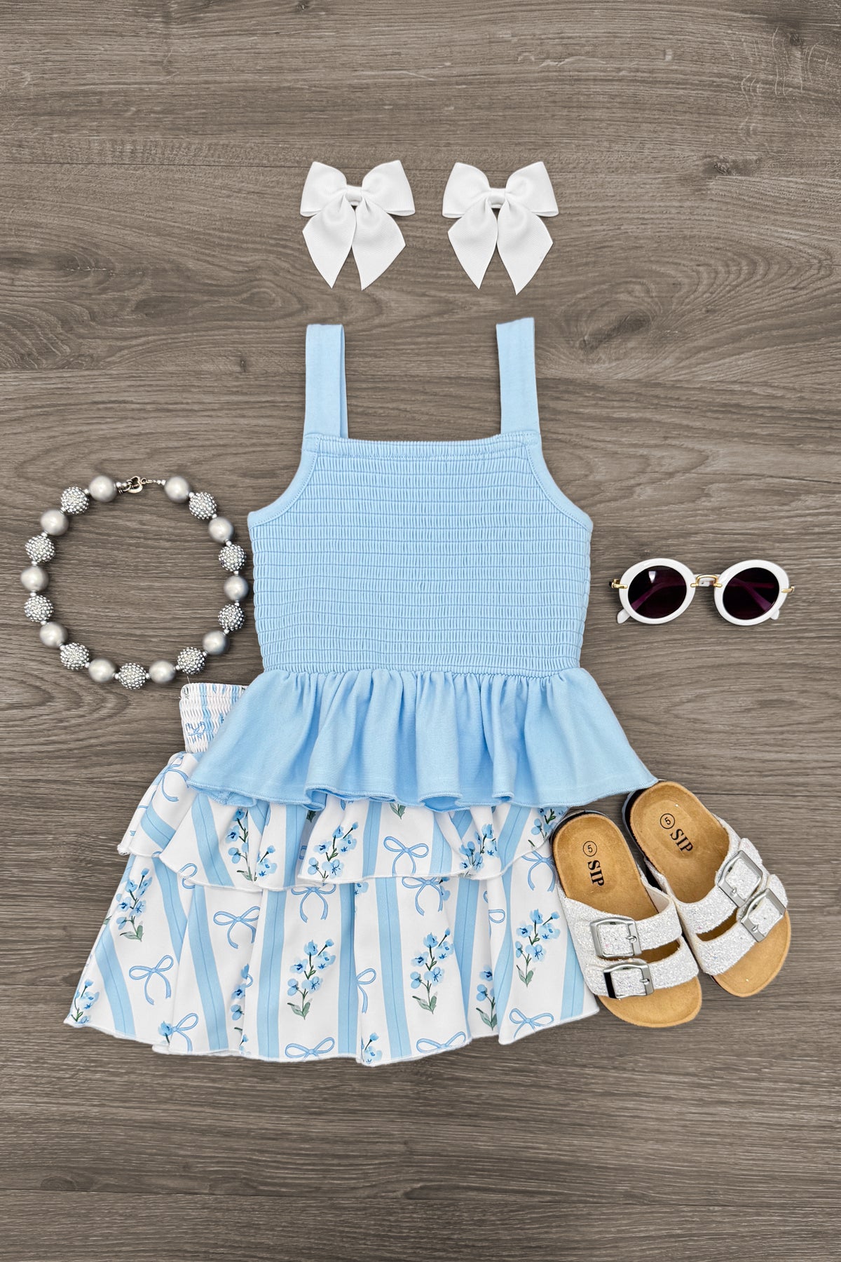 Blue Floral Bows Skirt Set