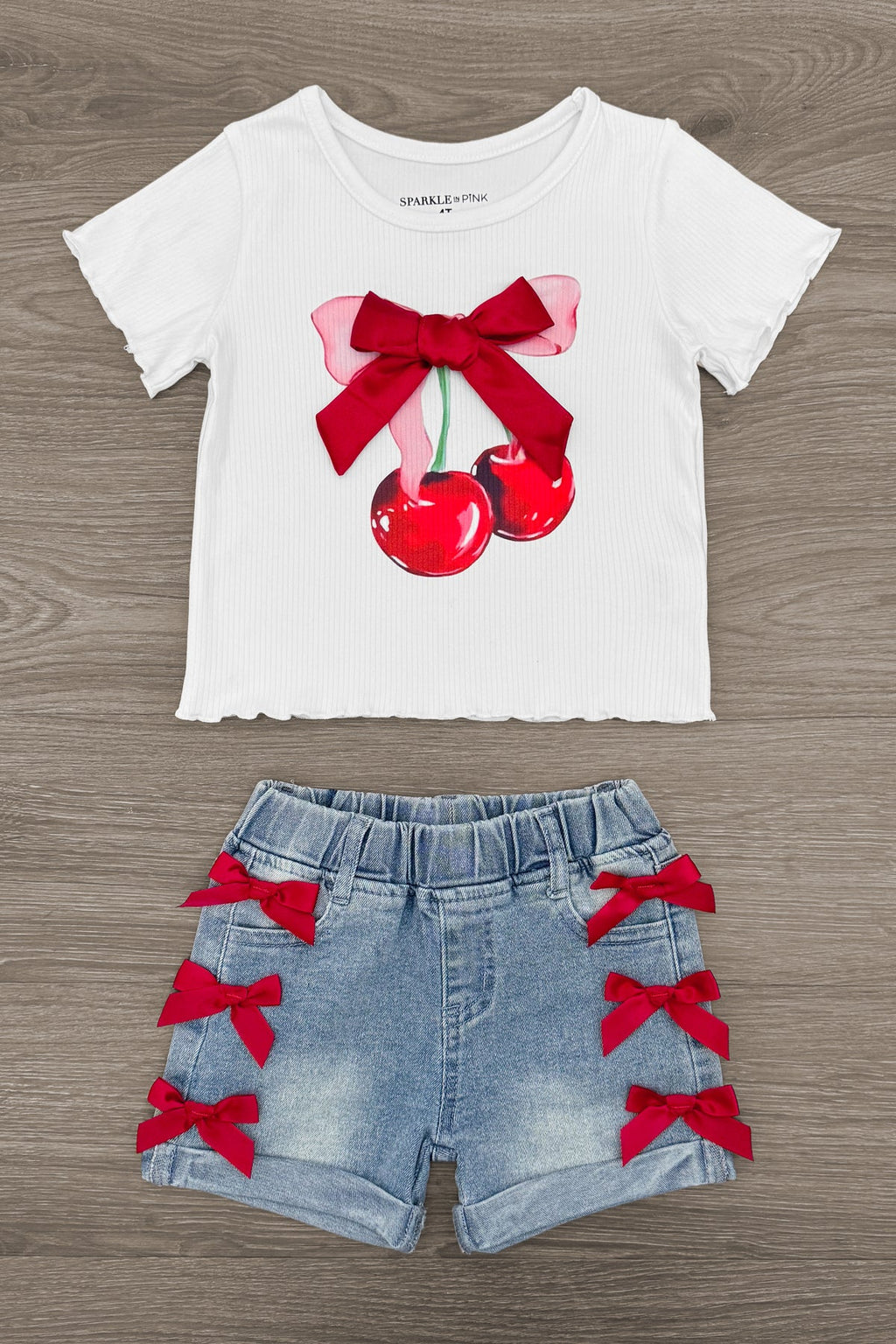 Cherry Bow Denim Short Set