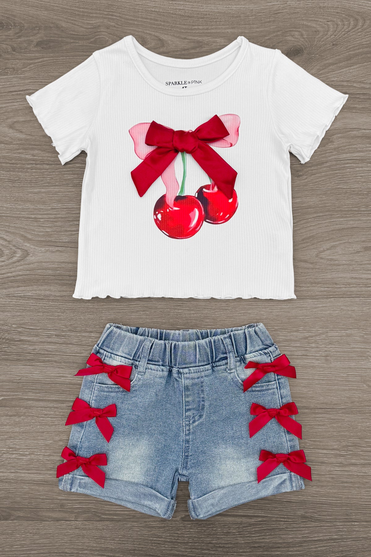 Cherry Bow Denim Short Set