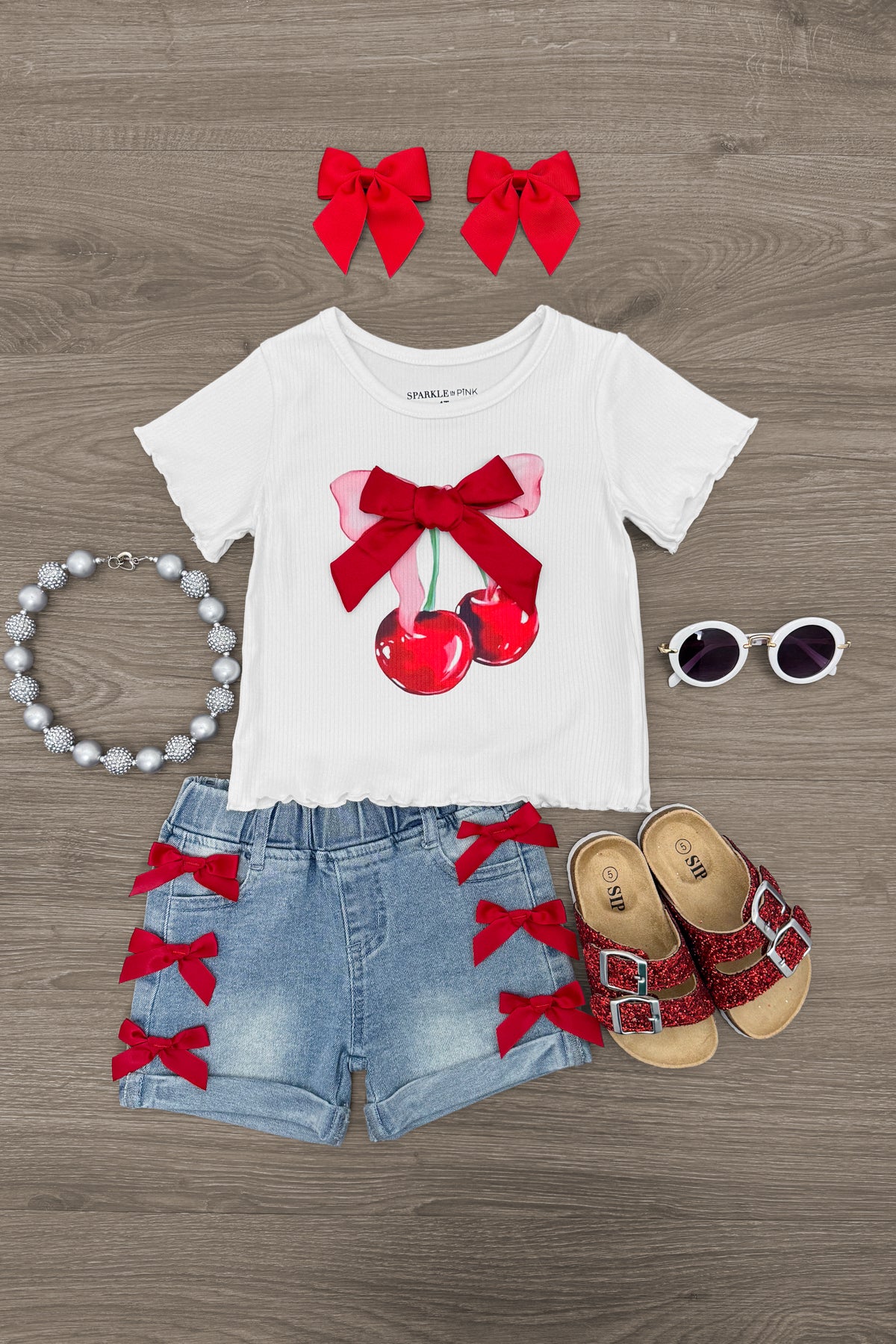 Cherry Bow Denim Short Set