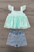 Mint Flower Denim Short Set