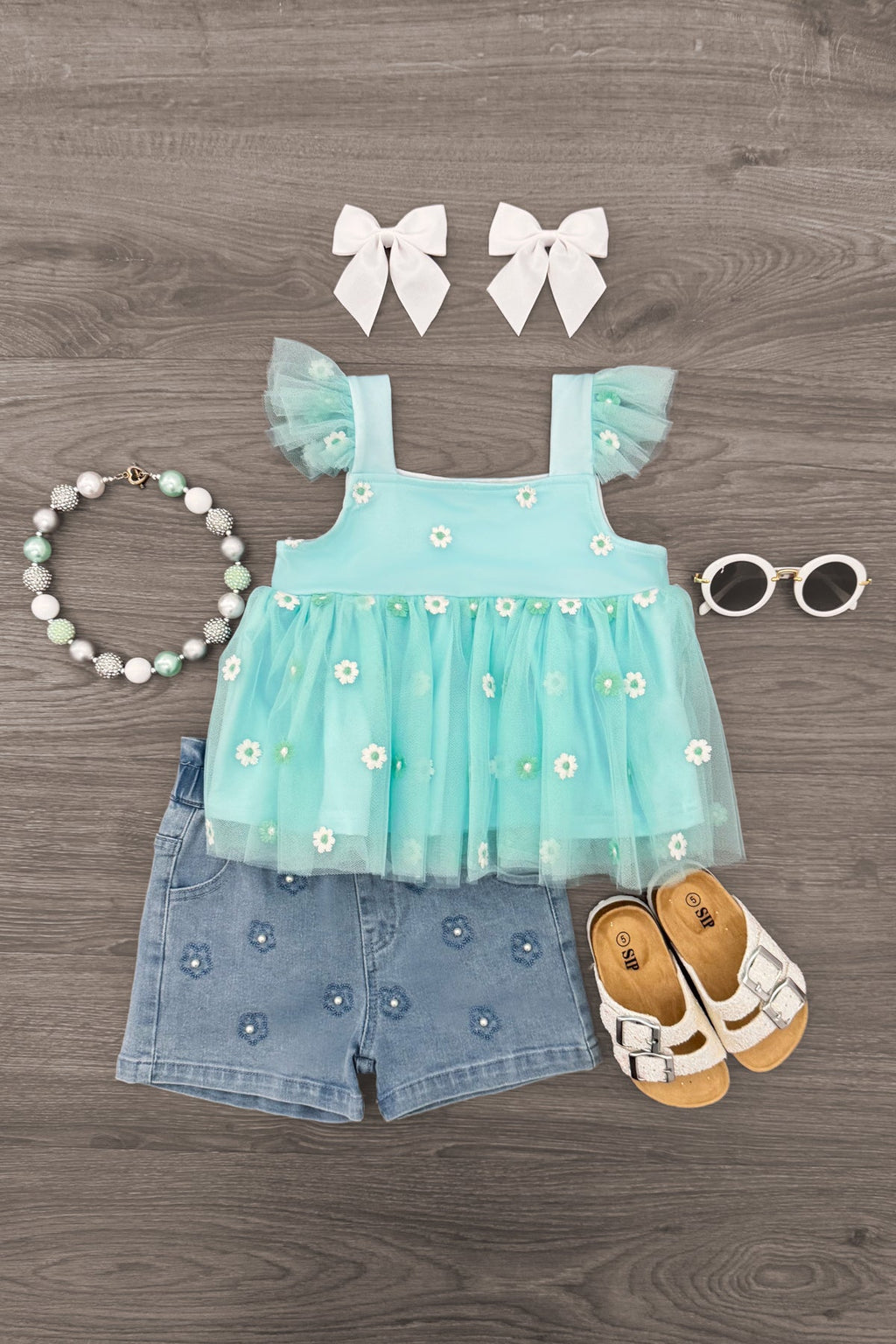Mint Flower Denim Short Set