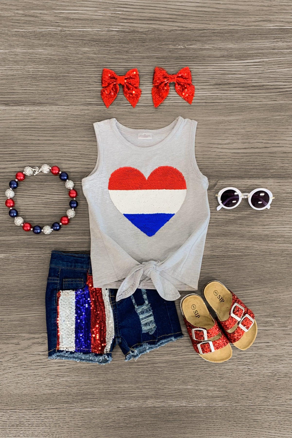 American Flip Sequin Heart Denim Short Set