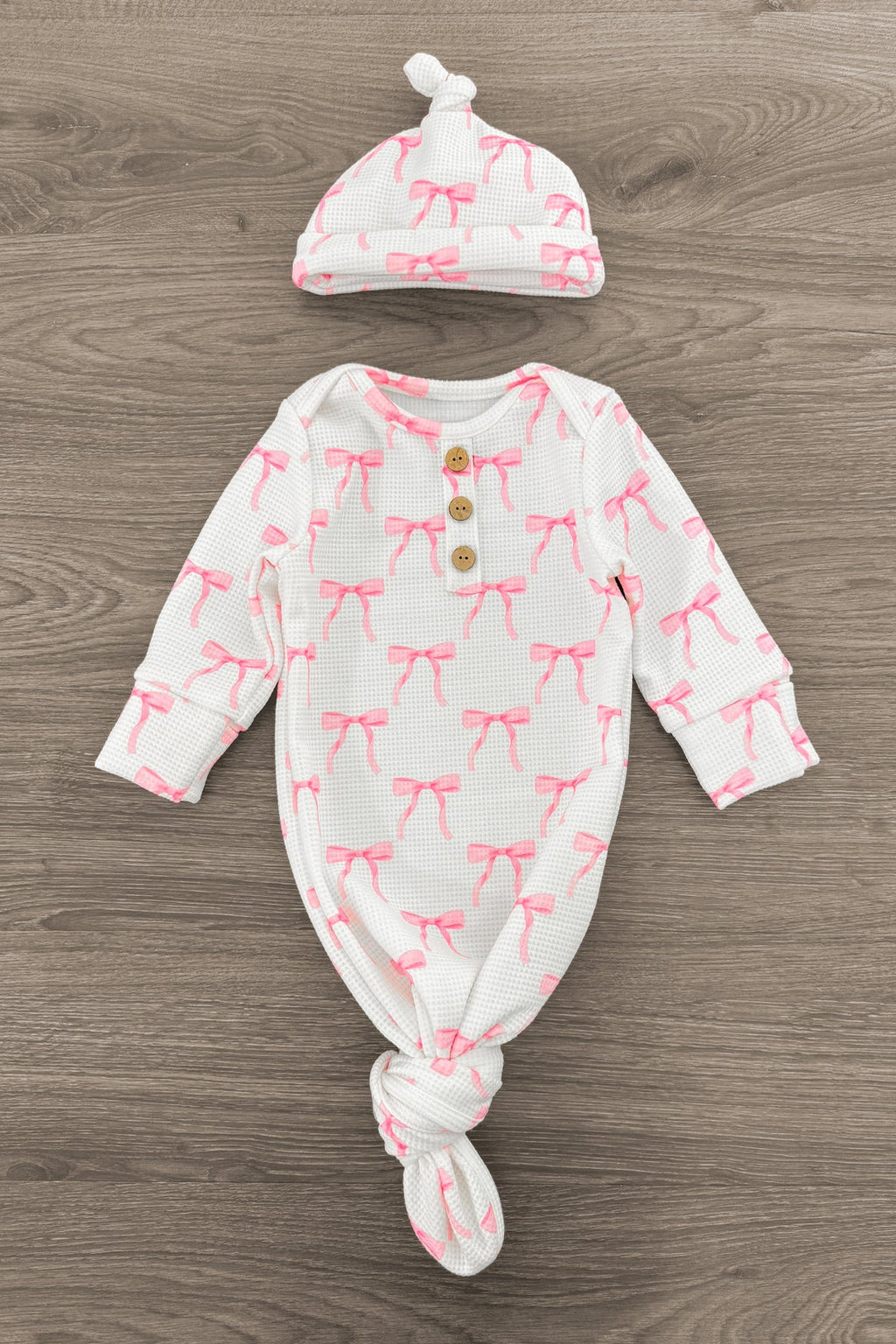 Newborn Baby Blushing Bows Waffle Knit Knot Gown & Hat Set