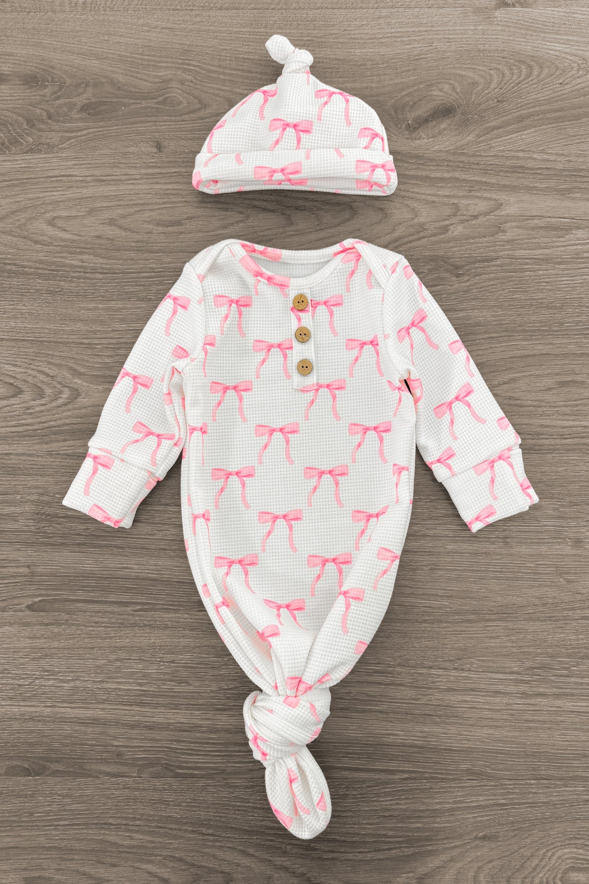 Newborn Baby Blushing Bows Waffle Knit Knot Gown & Hat Set