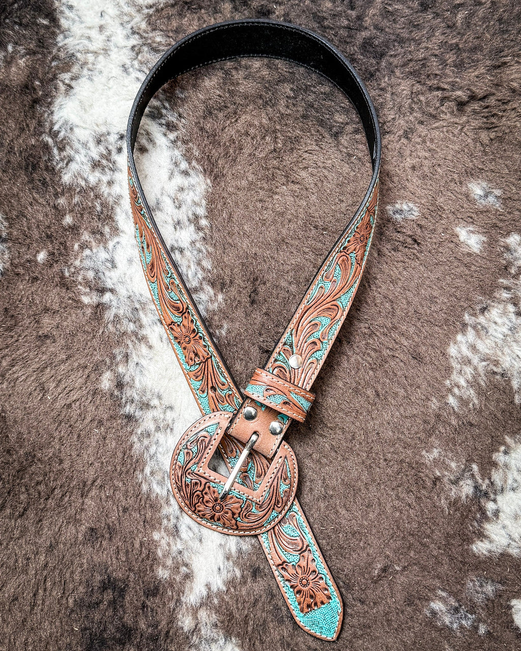 Western Wreath Leather Belt in Bronco Sky by Myra Bag