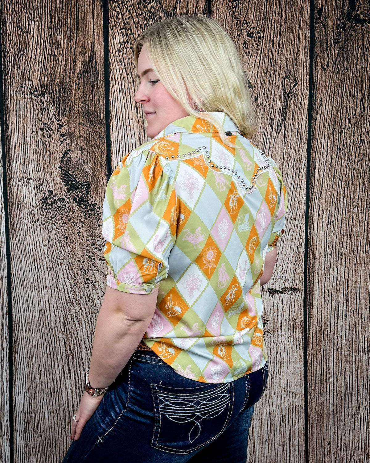 Celeste Puff Sleeve Studded Pearl Snap Shirt in Checkered Print by Lucky and Blessed