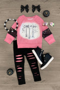 "Come We Fly" Pink Distressed Legging Set